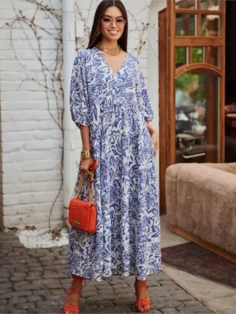 فستان نسائي أنيق مطبوع باللون الأزرق رداء نسائي أنيق للربيع بياقة على شكل حرف v وأكمام طويلة فساتين طويلة غير رسمية للخريف للسيدات #3