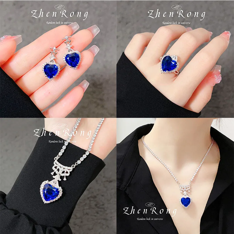 

Luxury Elegant Accessories Heart-shaped Royal Blue Sapphire Pendant Necklace Earring Ring Jewelry Set Women Valentine's Day Gift