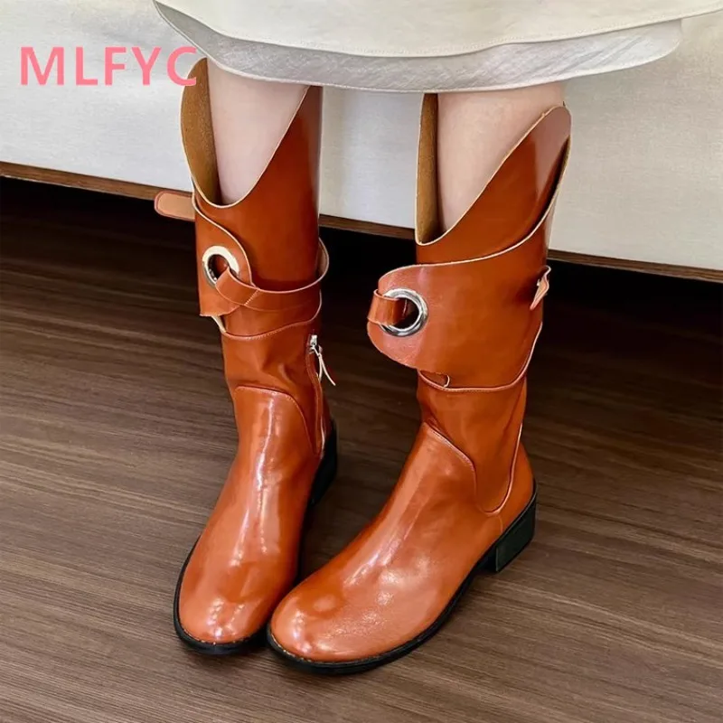 2024 New female Versatile Long Boots with Side Zipper Thick Heel Knight Boots Retro Women Western Boots