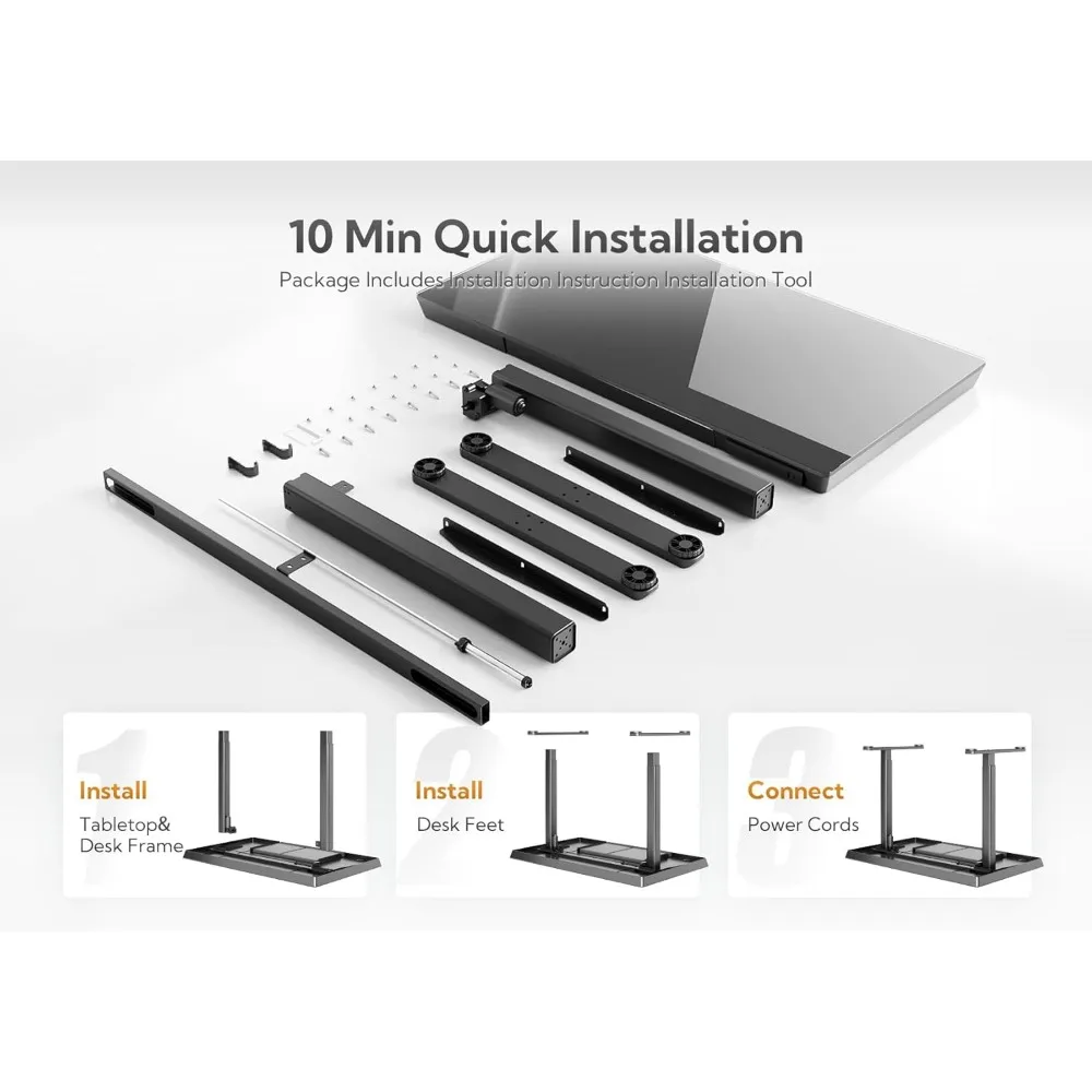 Mesa de pé com tampo de vidro ajustável de 40 polegadas com gavetas e portas de carregamento USB para uso em escritório doméstico