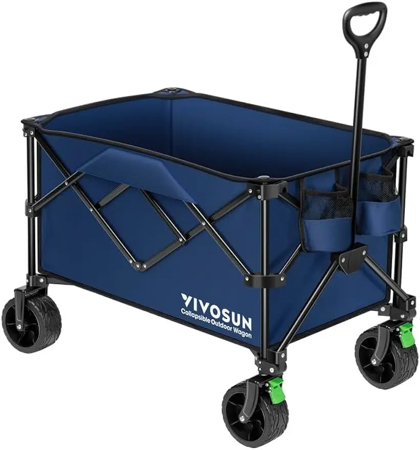 Collapsible Folding Wagon, Outdoor Utility with Silent All-Terrain Beach Wheels, Adjustable Handle, Cup Holders & Side P