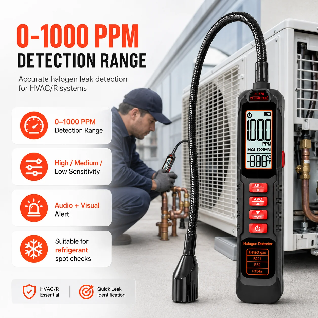 High Sensitivity Freon Leak Detector Halogen Leak Detector R22 R410A R134A R1234YF Refrigerant Gas HVAC Air Conditioner Tester