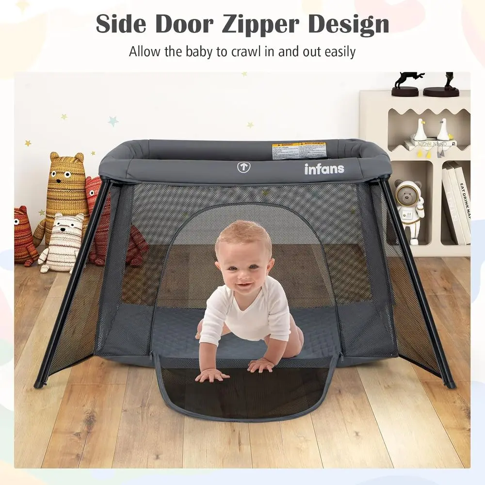 コンパクトなベビーサークル、取り外し可能なベビーベッド、ソフトマットレス、新生児から幼児まで使えるキャリーバッグ付き、ダークグレー
