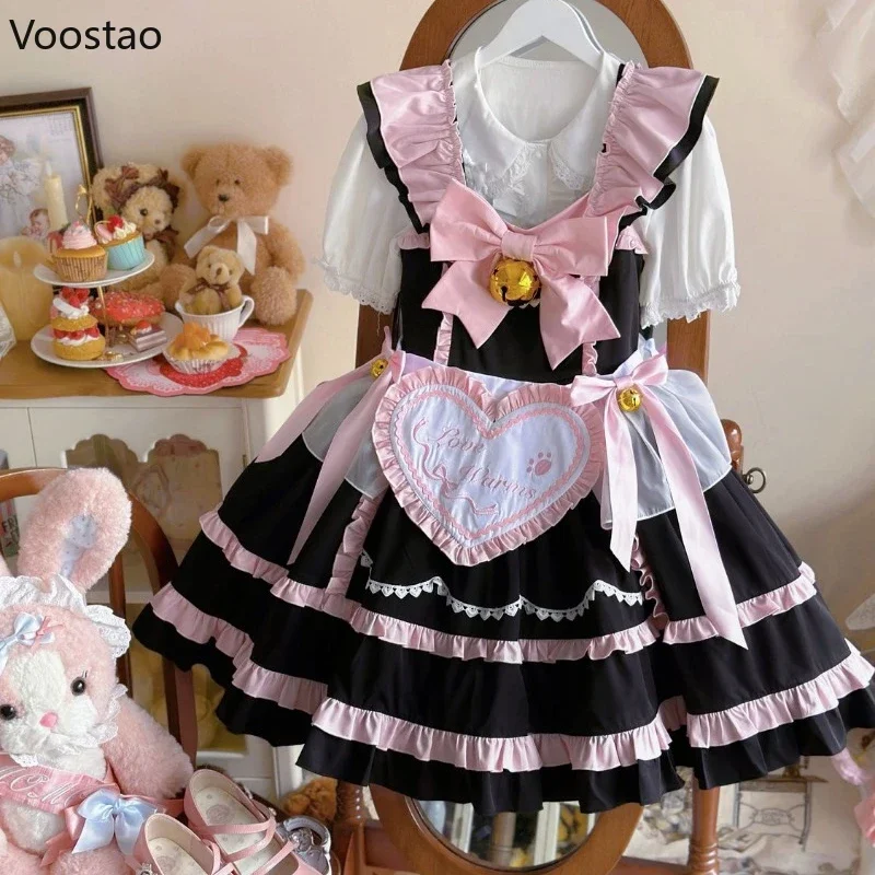 Japanese Style Sweet Lolita Princess Dress Women Cute Bow Small Bell Love Hearts Embroidery Apron Party Dress Girls Gothic Dress