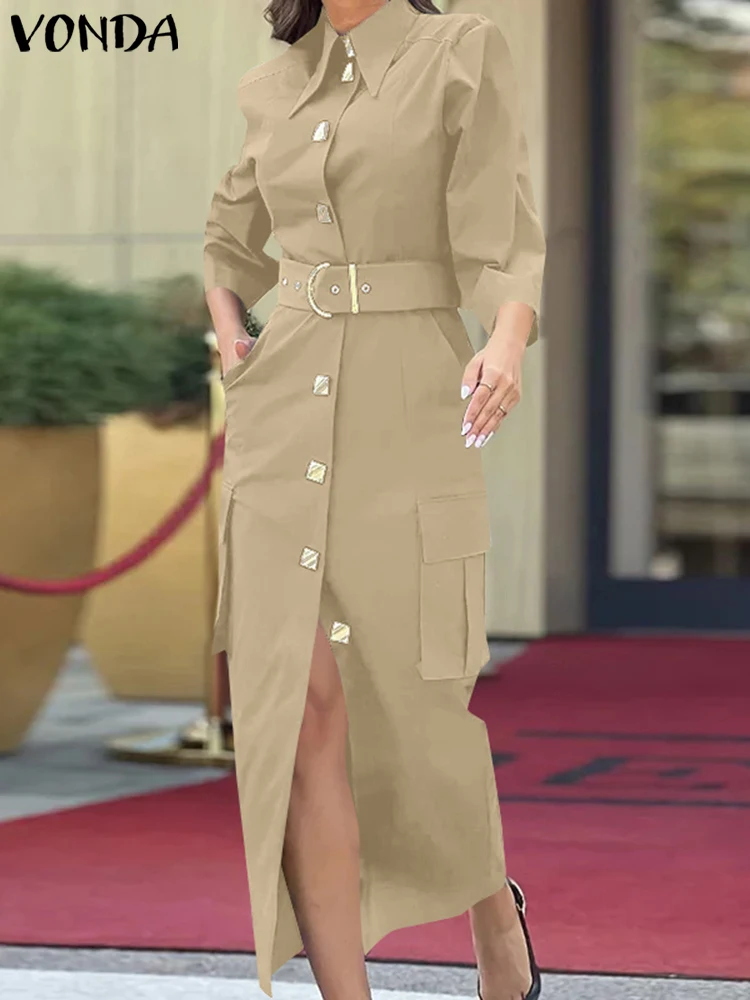 

Plus Size VONDA Women Long Sleeve Dress 2024 Elegant Solid Color Sundress Casual Lace Up Vestidos Fashion Lapel Neck Robe