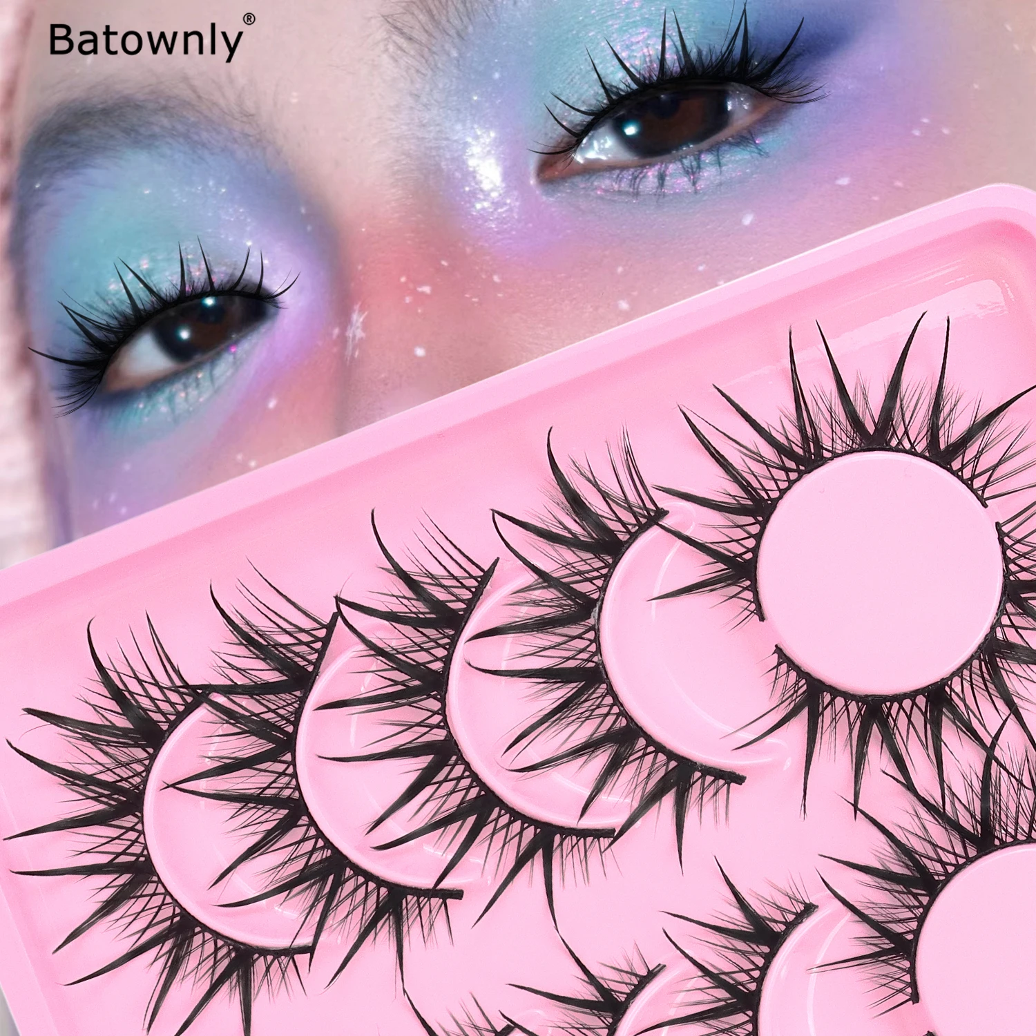 6 Pairs of Super Mirror Wet Pointed Little Devil Slanted Flying False Eyelashes, Whole Curled and Thick Cosplay Eyelashes