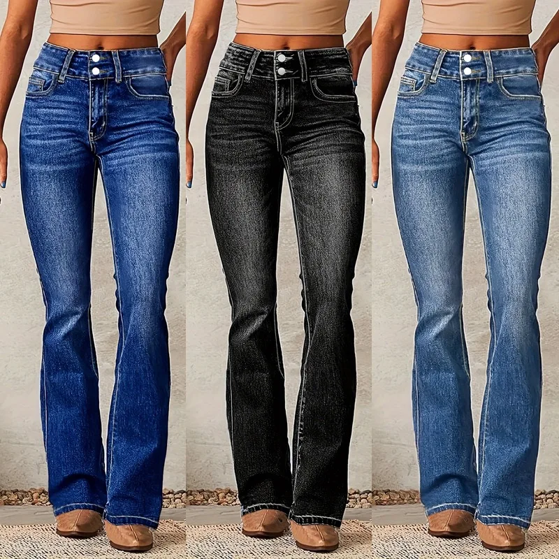 

Women Denim Jeans Vintage Stretch Flare Pants Ladies Casual Solid Jean Trousers