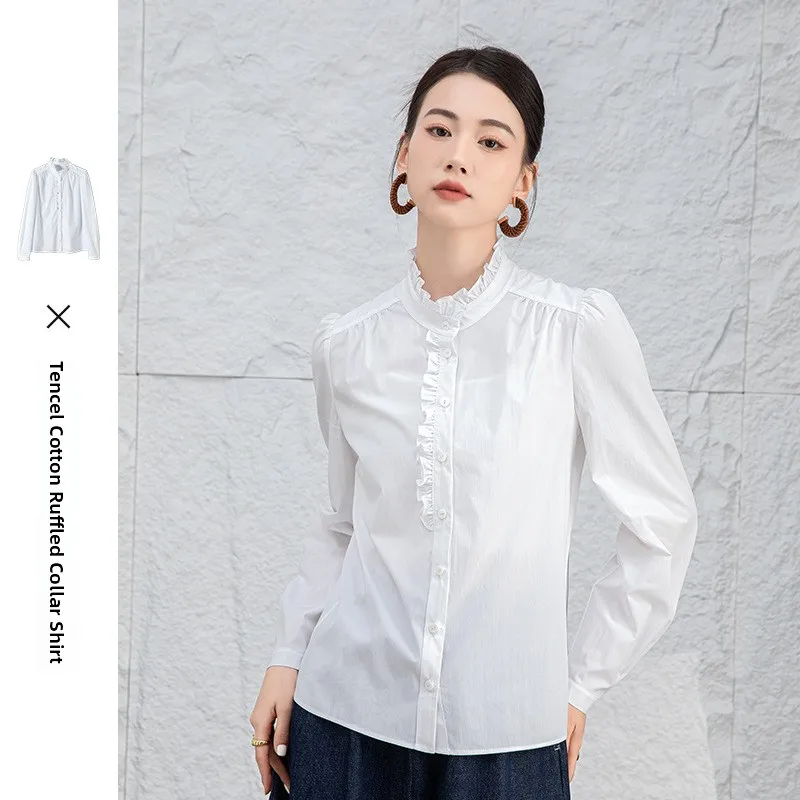 

Белая женская рубашка из шелкового хлопка с длинным рукавом, модный дизайн для офиса, с высоким воротником, на пуговицах, другие варианты рукавов