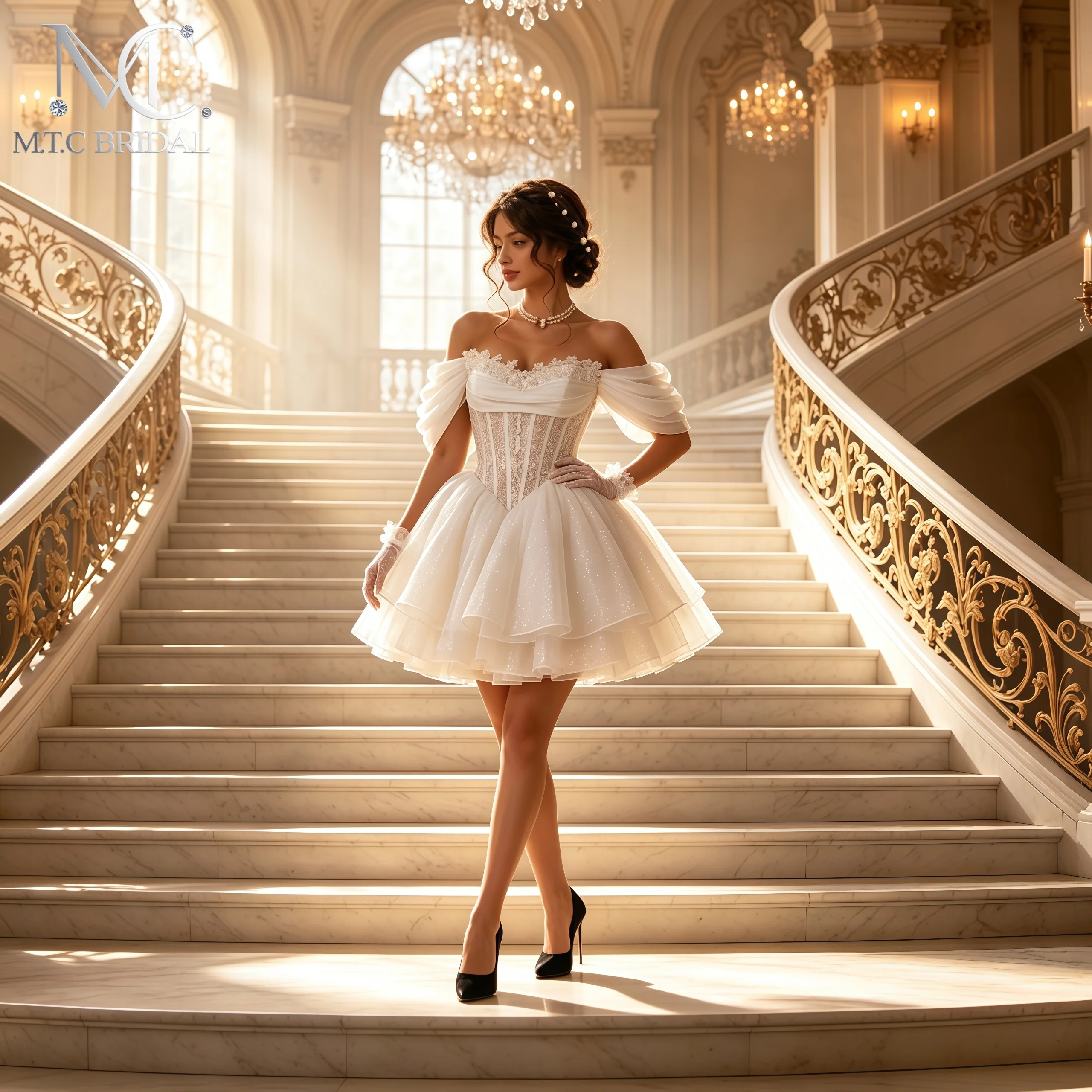Stunning Puff Sleeve Short Wedding Dress Tiered Ruches Organza Off The Shoulder Mini Bride Wedding Party Gowns Vestido De Noiva