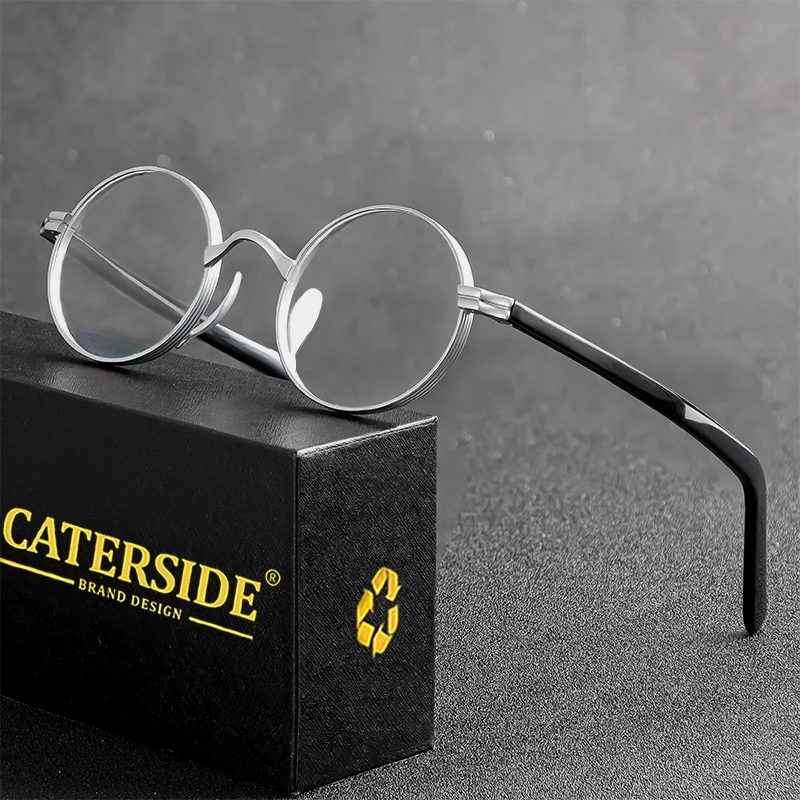 CATERSIDE Retro Round Small Eyeglass Men Metal Frame Acetate Temple Anti Blue Light Women's Glasses Fashion Business Punk Style