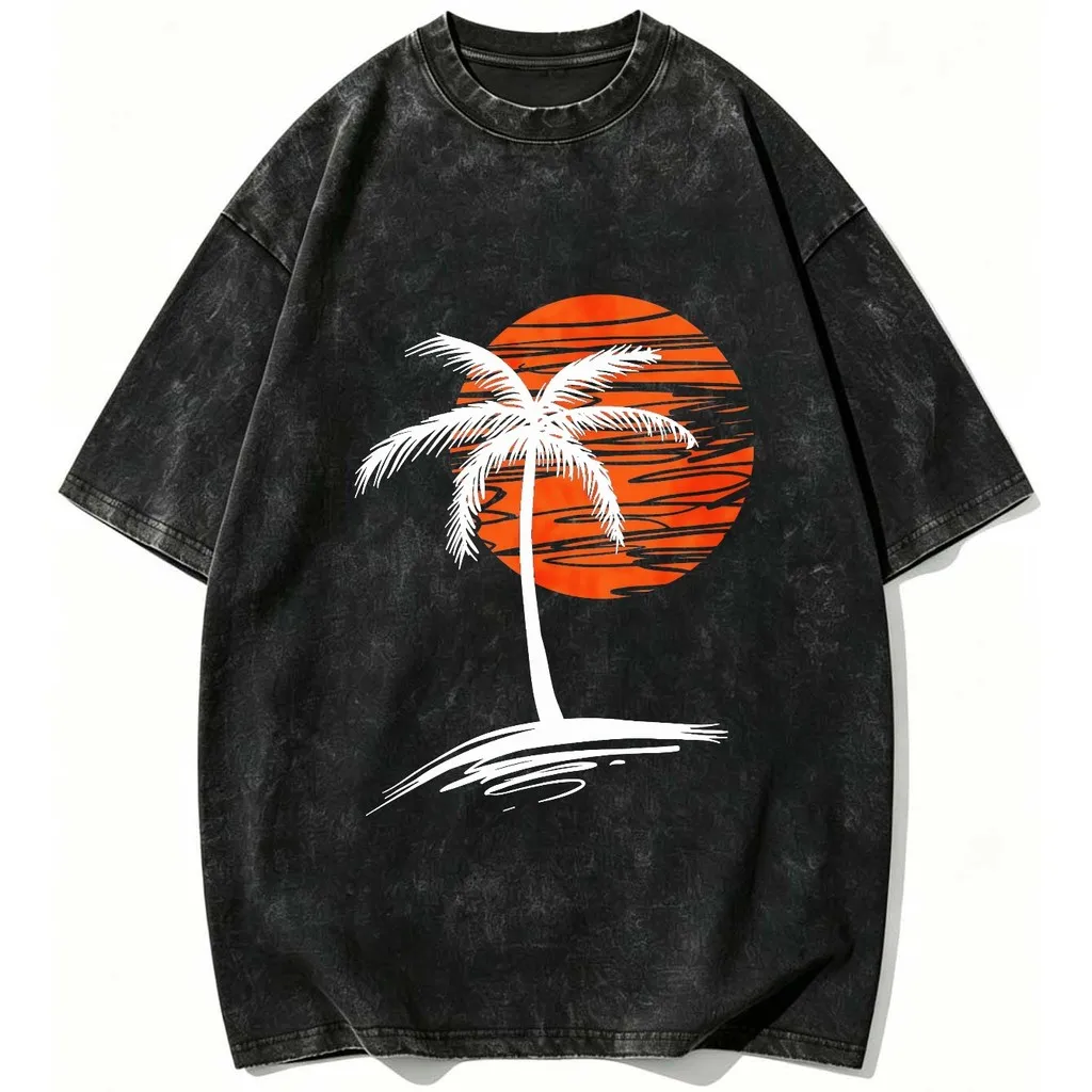 CLOOCL Retro Style Palm Tree Sunset Island Wave Printed T-Shirts Vintage Shirts Summer Tees Casual Tops Mens Clothing
