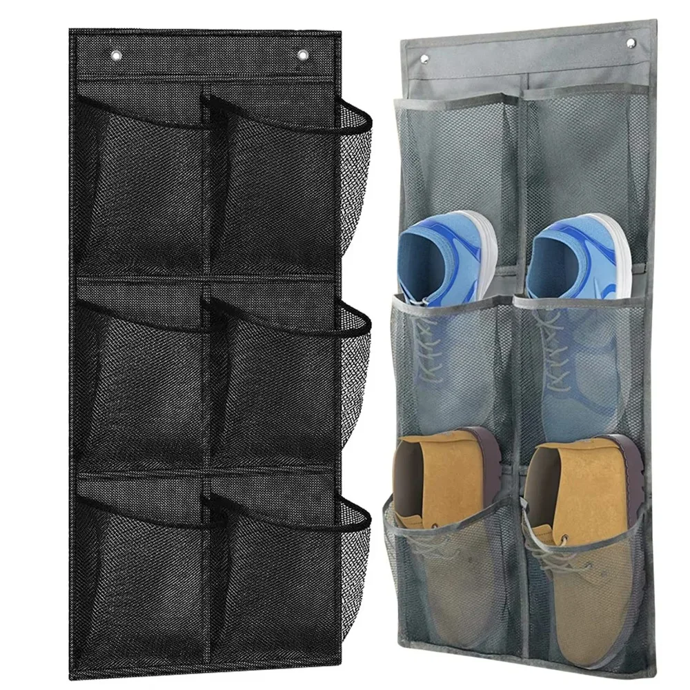 Image of An der Wand montierte Aufbewahrungstasche, 6 Fächer, transparente Taschen, Netzschrank, Schuhhalter, platzsparender Vliesstoff