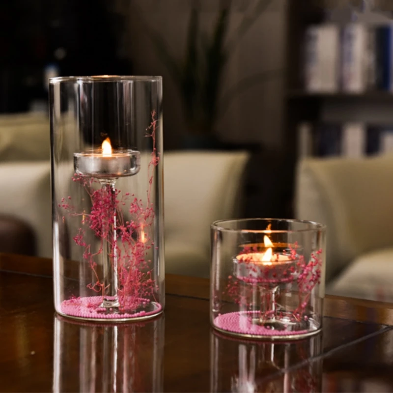 2pcs/pack Diameter=8cm Height=7cm 11cm 15cm Cylinder Shape Transparent Glass Oil Lamp Home Decoration Table Candlestick Gift