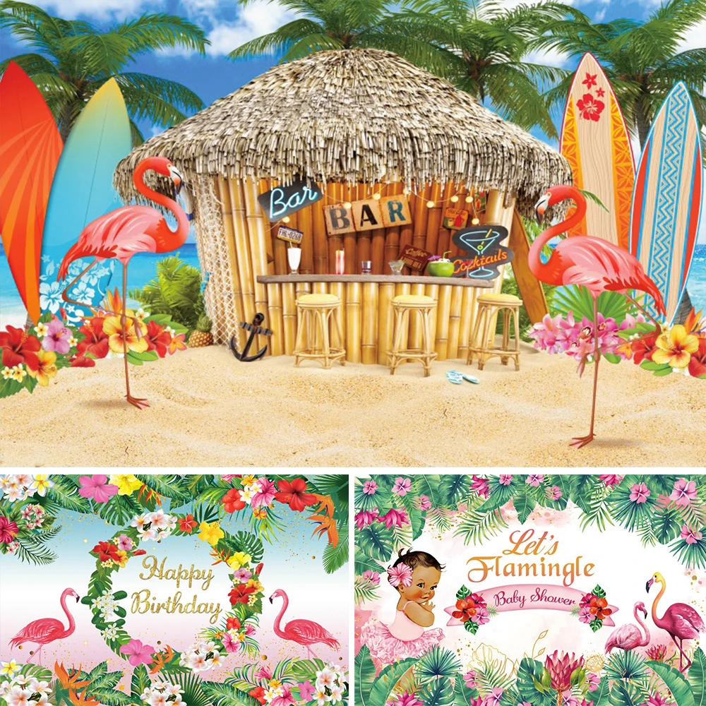 

Summer Flamingo Hawaiian Party Decorations Backdrop Tropical Palms Tree Leaves Birthday Party Wedding Photography Background