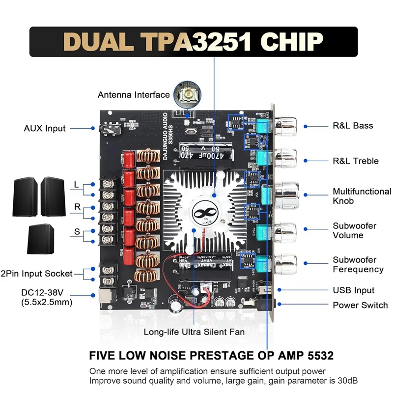 Imagem -03 - Dajunguo-placa Amplificadora de Potência com Subwoofer Módulo Amplificador de Potência de Áudio Bluetooth 2.1 Canais 220wx2 Mais 350w S350hs Tpa3251