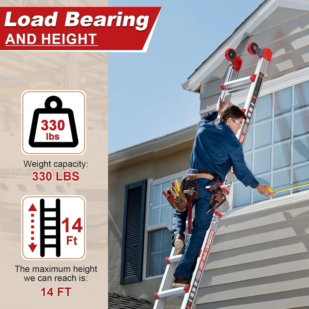 14フィート折りたたみ式伸縮はしご（ホイールとスタビライザーバー付き）- 耐荷重330ポンド、多段階伸縮式A型はしご