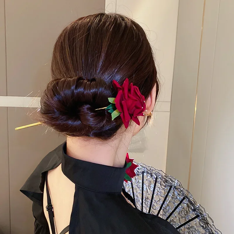 عصي شعر على شكل زهرة الورد الأحمر للنساء ، عود بزهور بسيطة ، دبابيس شعر ، تصفيفة شعر ، طراز صيني ، إكسسوارات أدوات الشعر #5