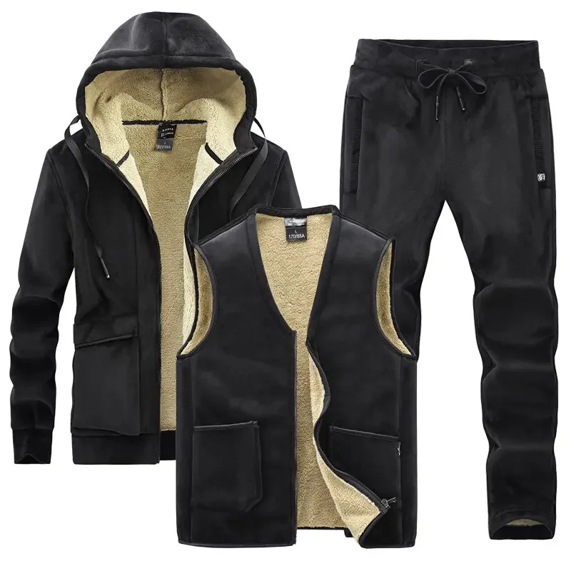 

2024 Men Fleece Suit 3-Pieces Plus Velvet New Arrived Vest+pants Winter Thick Warm Male Lamb Casual Tracksuit