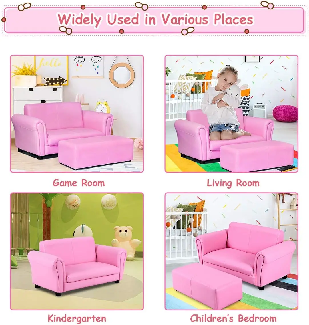 Kids Couch with Footstool, 2 in 1 Double Seat Children's Sofa w/PU Leather Surface, Armrest Chair Lounge, Soft Kids Sofa