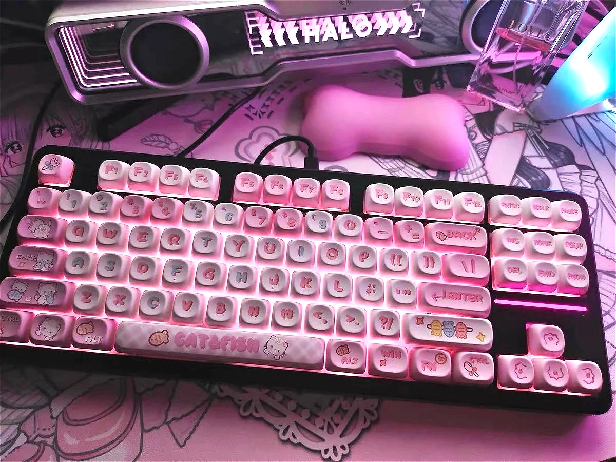 

Pink MOA keycaps PBT material hot sublimation small full set cartoon cute girl