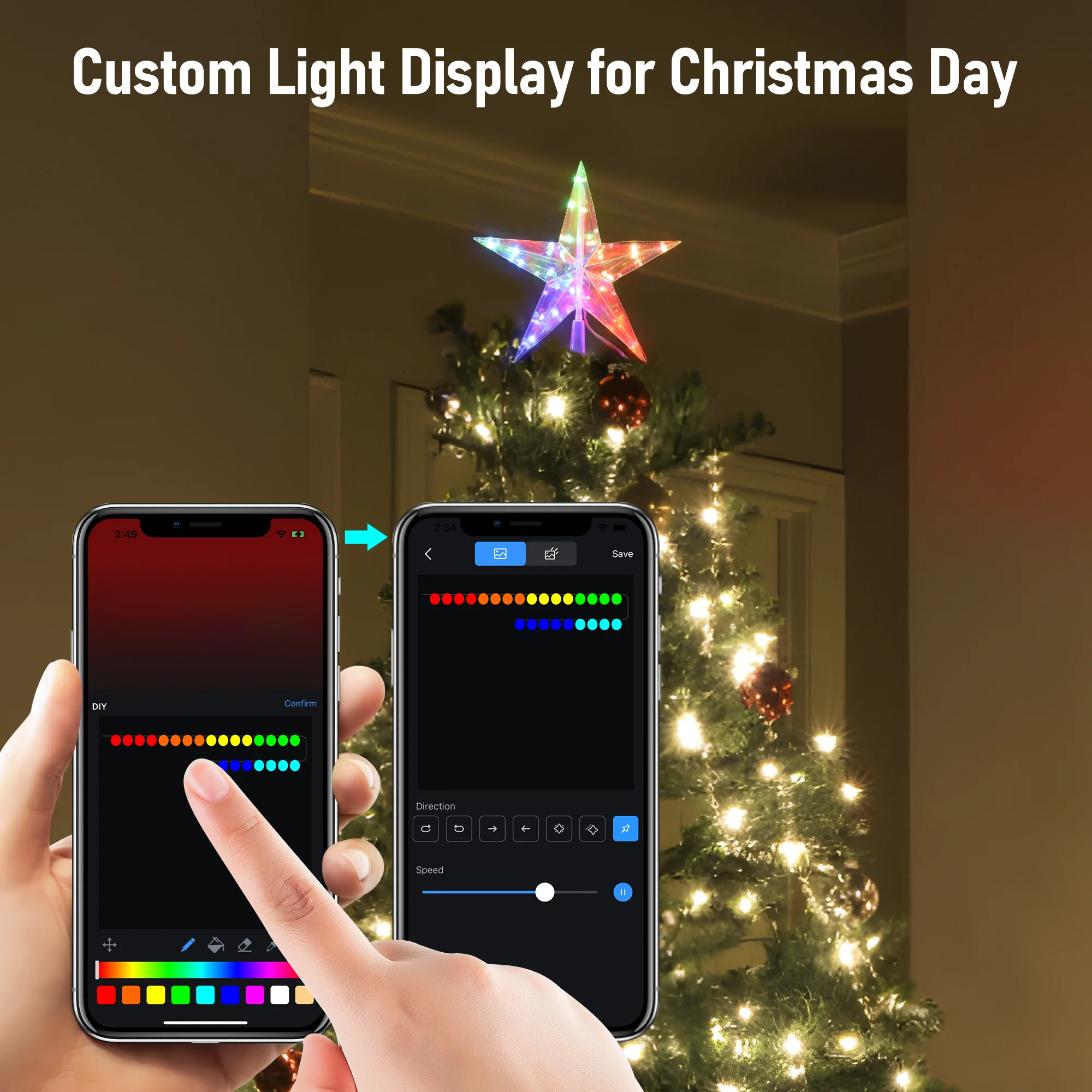 Dobrável RGB Brilhante Árvore de Natal Topper, Luz Estrela, Pentagrama USB, Controle App, 29cm, 25LED, Decoração Árvore de Natal, 2024