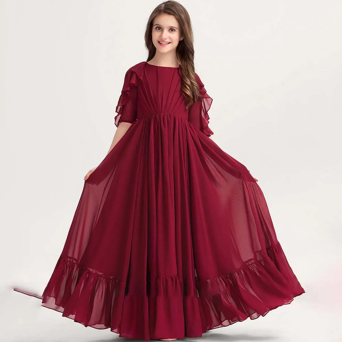 YZYmanualroom Chiffon Junior Bridesmaid Dress With Cascading RufflesA-line Scoop Floor-Length 2-15T