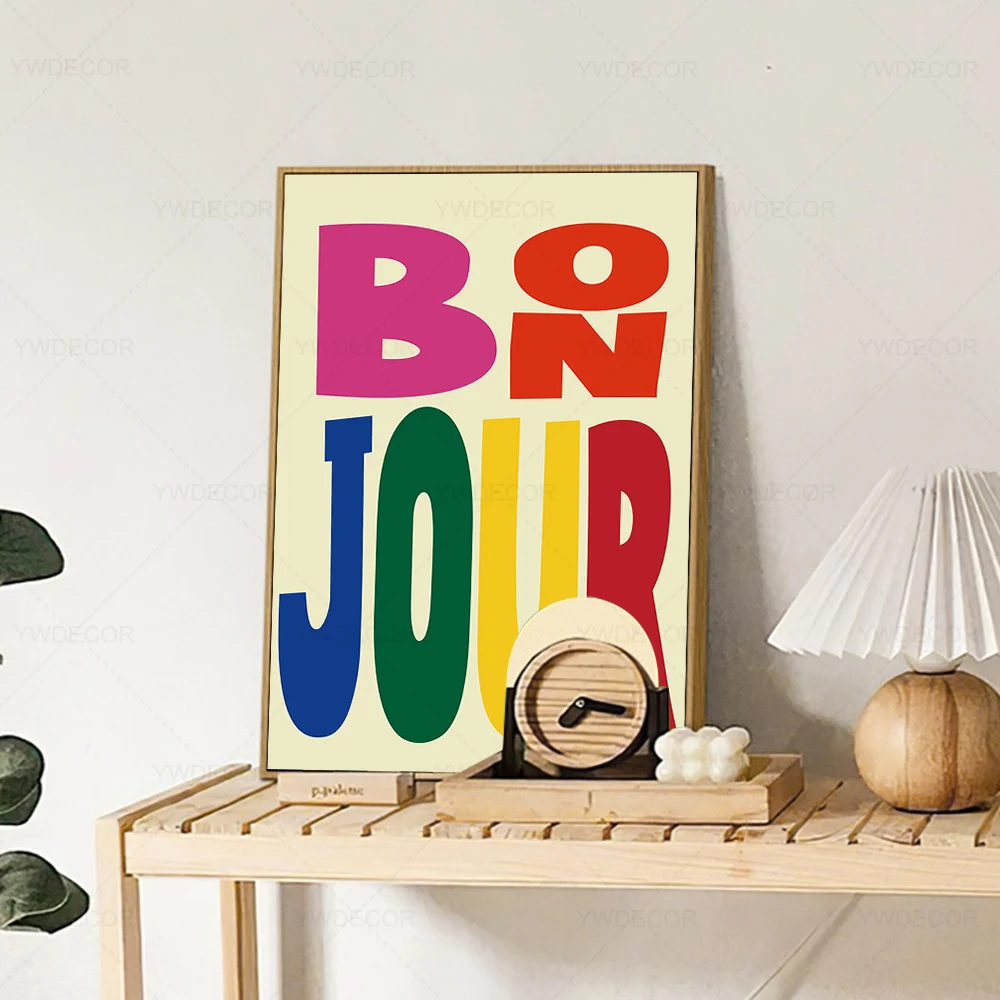 Abstract Colorful Bonjour Love Quote Wall Art Canvas Painting Posters Pink Prints for Couple Living Room Decoration Gift