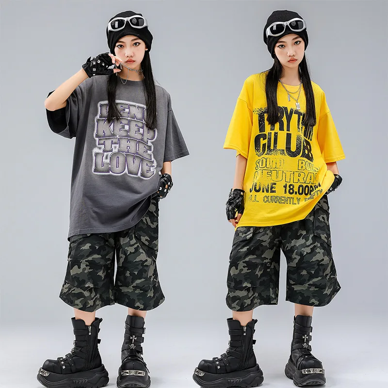 

Kid Kpop Hip Hop Clothing Yellow Gray Letters T Shirt Camo Casual Parachute Cargo Shorts for Girl Boy Dance Wear Costume Clothes