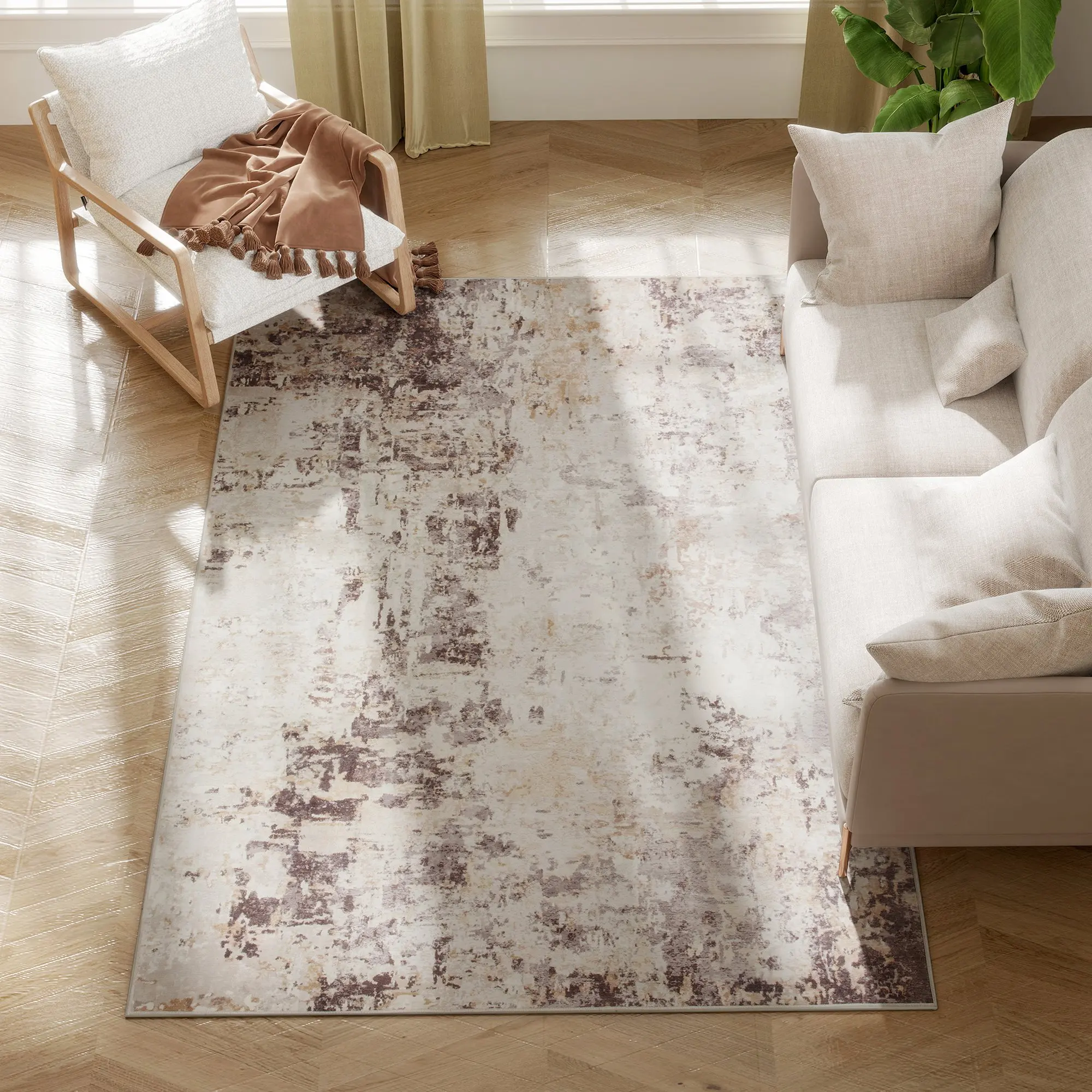 Area Rug 4x6, Machine Washable Rug, Distressed Non-Slip Modern Abstract Floor Cover Foldable Carpetm, Mixed-Brown