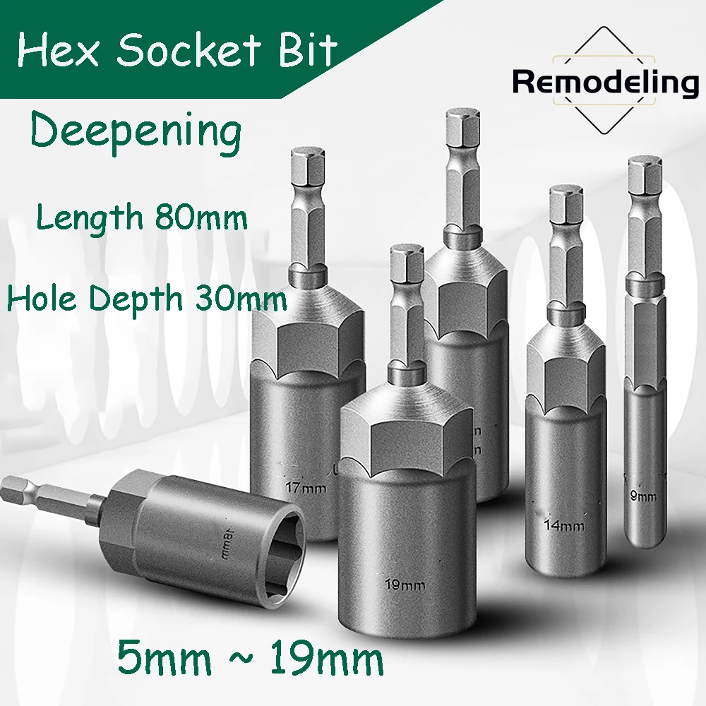 1 buah mata soket heksagonal Ena 5mm ~ 19mm panjang 80mm lubang soket kedalaman 30mm Lengan kunci pas bor listrik 1/4 inci. Hex Shank