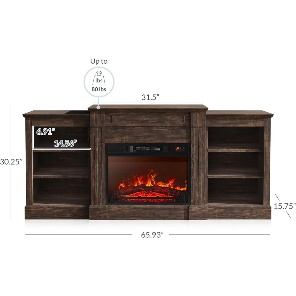 Modern 66" Electric Fireplace Heater Mantel TV Stand & Media Entertainment Center for TVs up to 66" with Energy-Efficient Heater