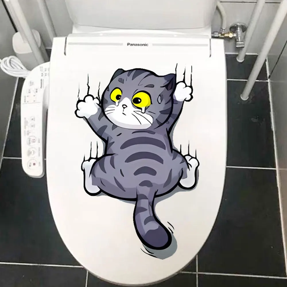 Funny Cat Waterproof Toilet Lid Toilet Door Sticker Wall Stickers Refrigerator Removable Vinyl Decals Christmas Home Decoration