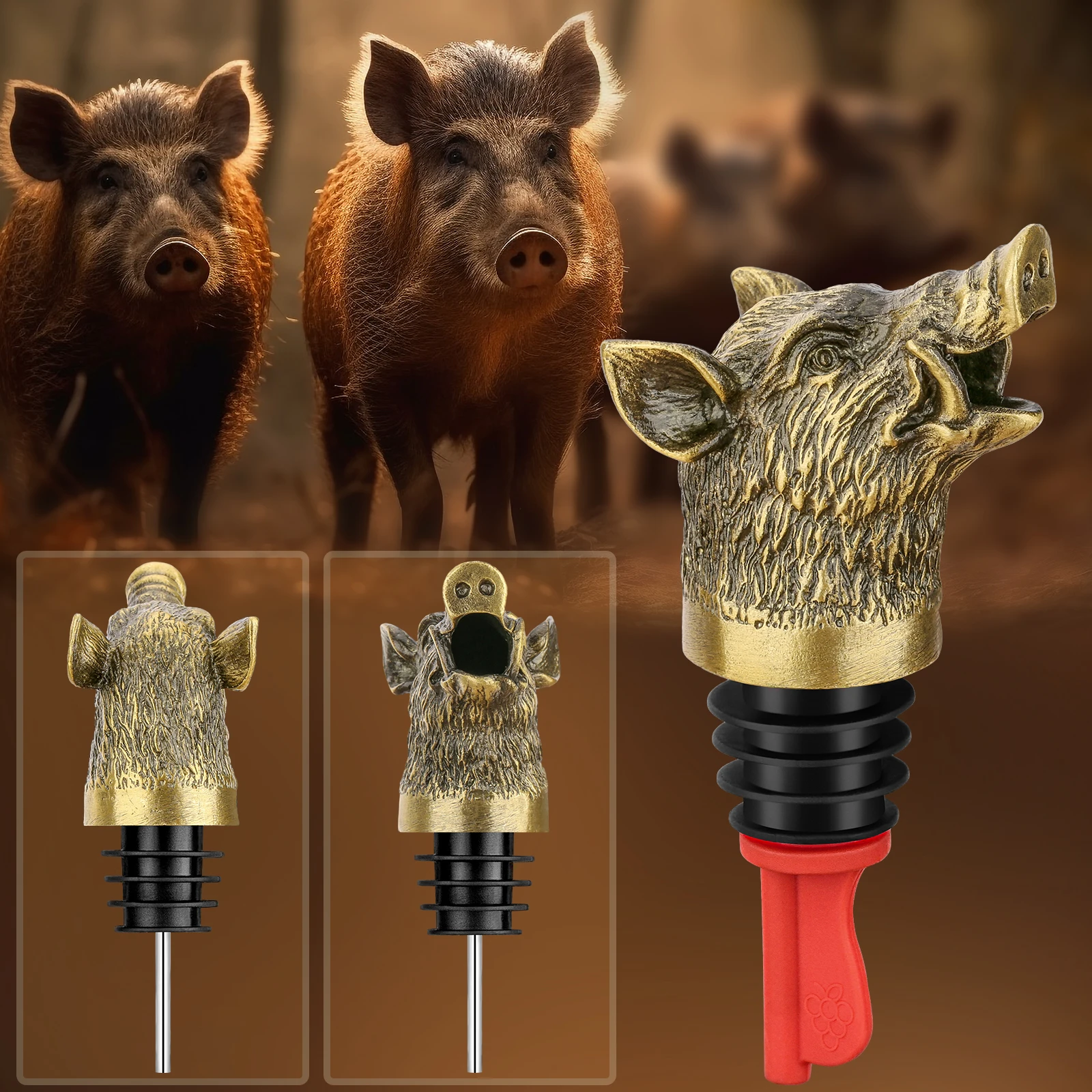 LKKCHER Bronze/Grey Wild Boar Head 2-In-1 Wine Pourer Bottle Stoppers Black Metal Decor Bottle Plug Kitchen Bar Accessories Men