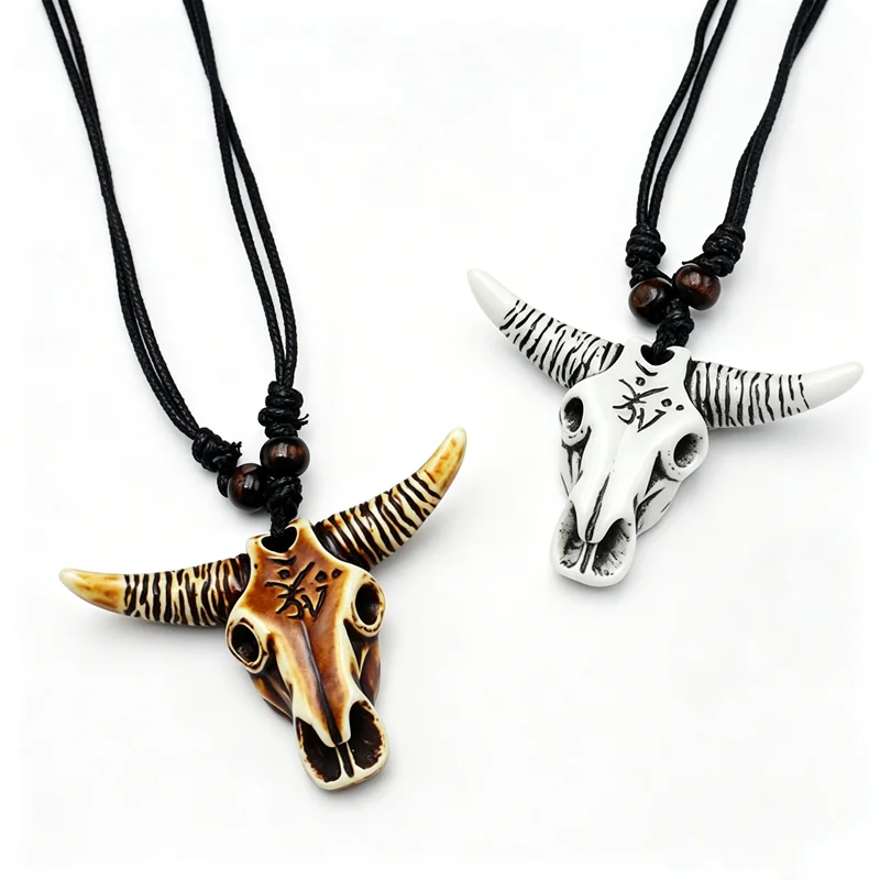 RUEMOY Long Horn Bull Skull Pendant Necklaces, Resin Faux Bone, 2 Colors, Adjustable Wooden Bead Black Braided Cord