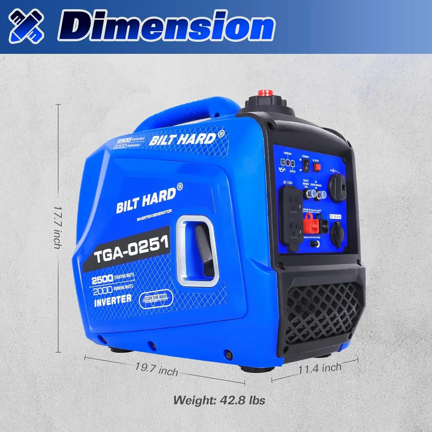 Generador de 2500 vatios, generador de inversor silencioso, motor portátil de 4 tiempos de 80 cc, receptáculo dúplex de 120 V CA y salida de 12 V CC