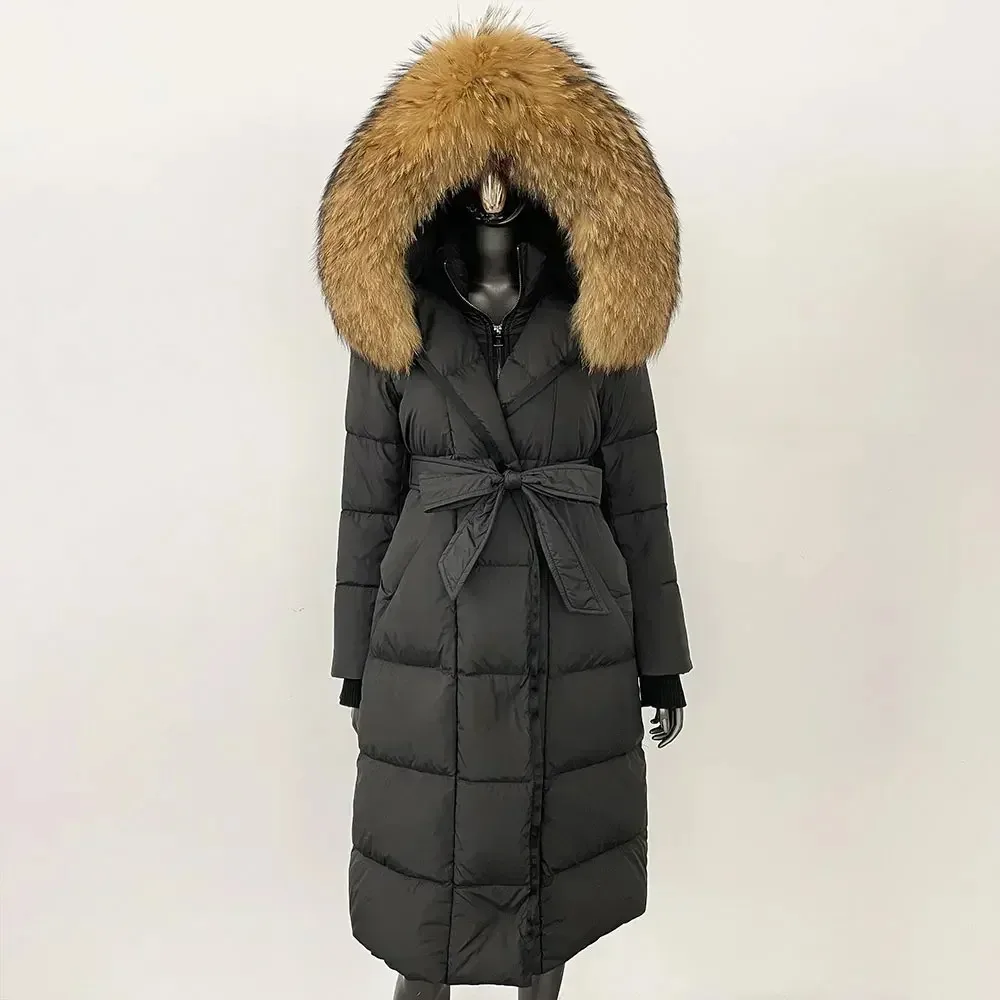 حقيقي الطبيعي الثعلب الفراء الأبيض أوزة أسفل سترة المرأة الشتاء مقنعين انفصال طوق حزام طويل عارضة أنيقة overwears أسفل معطف