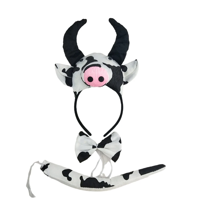 652f Cow Bandband en peluche Tail Bowtie Set Halloween Costumes Kids Party Grop maquillage