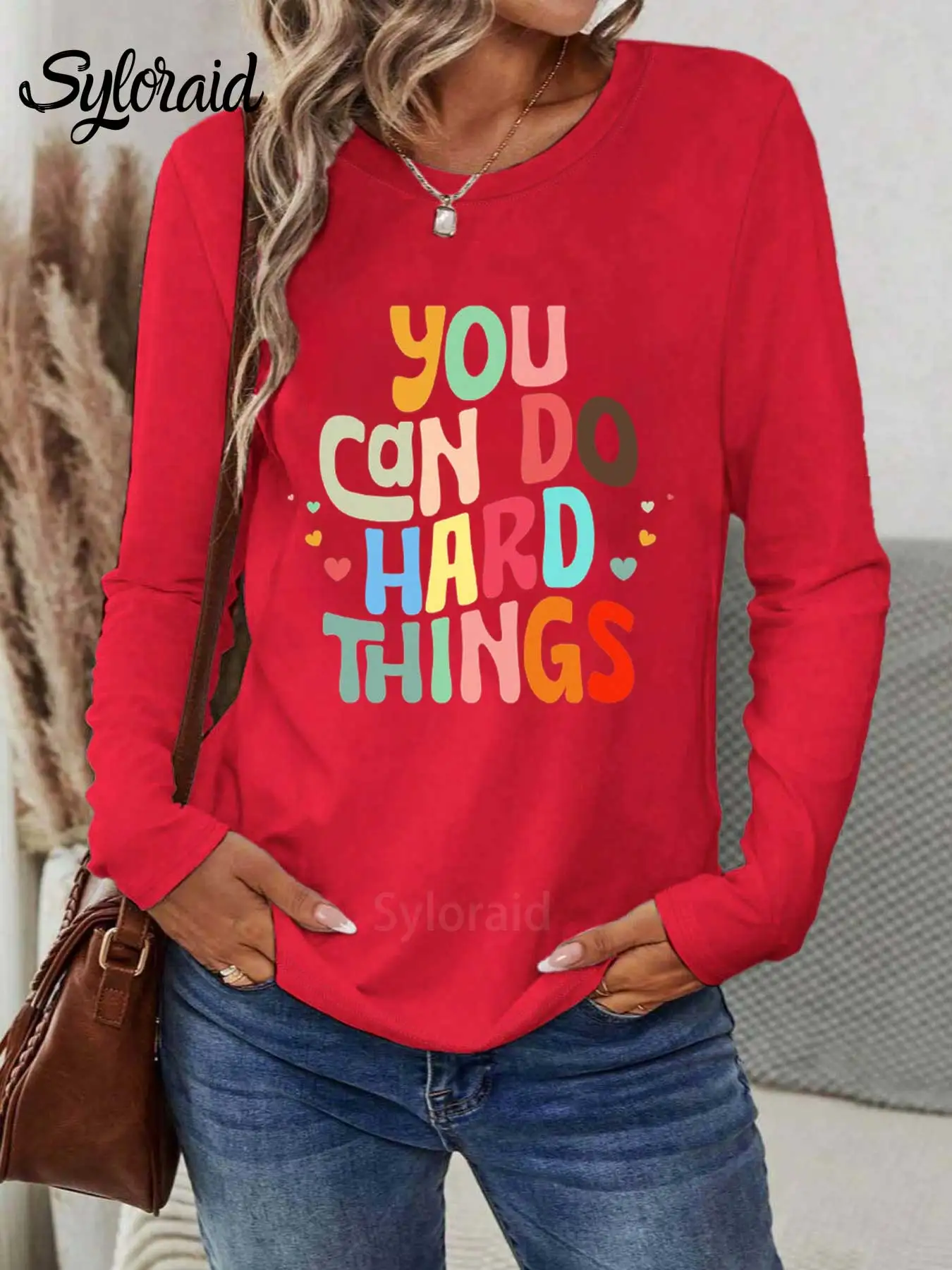 تي شيرت نسائي بأكمام طويلة يمكنك القيام بالأشياء الصلبة، قميص المعلم، قميص مستشار المدرسة، قميص كاجوال برقبة دائرية #3