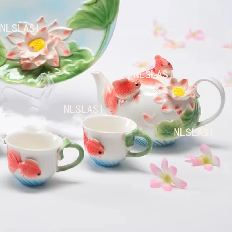 1 Pot 2 Cups Goldfish Relief Tea Set Chinese Lotus Teapot Household Tea Cup Guest Specific Kung Fu Tea Set Teaset Accessories