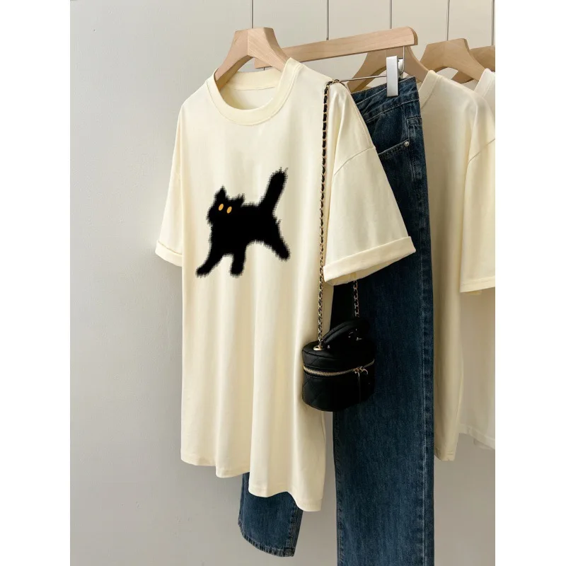 Hot Selling Women's T-shirt Solid Small Cat Printed Tees Loose O-neck Large Size Girl's Summer Clothing Daily Cute Tank Tops