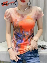 MadBlack Summer European Clothes Bamboo Fiber T-Shirt Chic Print Architecture Women Tops Short Sleeve Street Tees 2022 T26416L