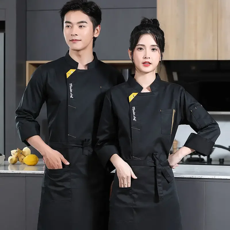 Uniforme da cuoco per uomo piccolo ristorante hotel cucina Catering giacche cooking Cafe abbigliamento da lavoro in bianco e nero Chef outfit con Logo