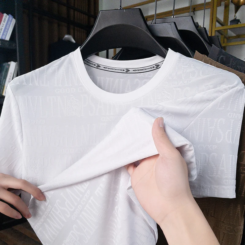 

Ice-Feel Men's T-shirt Summer O-Neck Letter Jacquard Short Sleeve Seamless Quick-drying Half Sleeve Fashion Trend Men's Clothing
