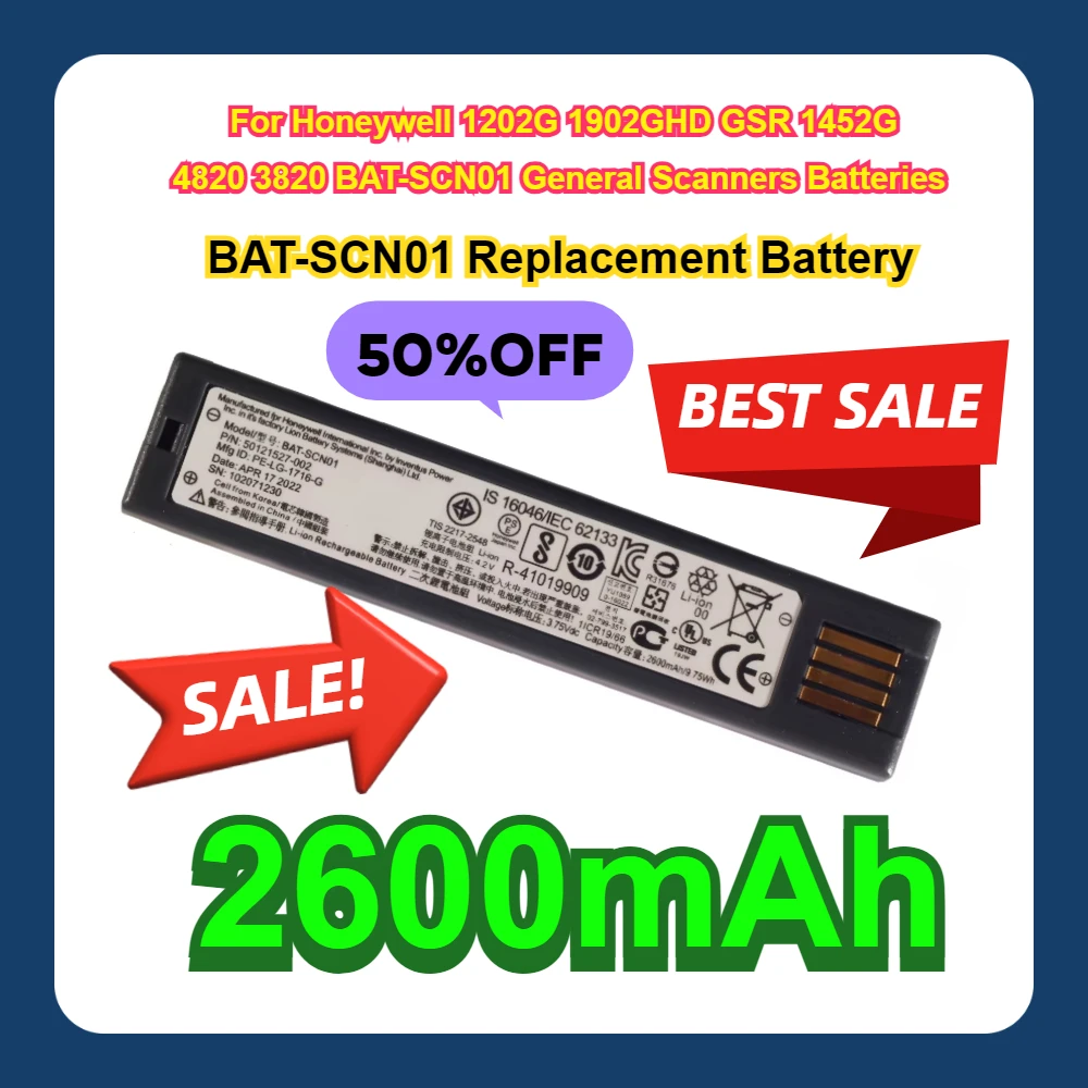 2600mAh BAT-SCN01 Replacement Battery For Honeywell 1202G 1902GHD GSR 1452G 4820 3820 BAT-SCN01 General Scanners Batteries