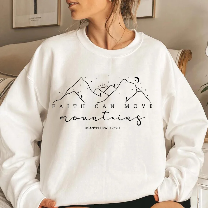 Faith Can Move Mountains, Round Neck Long Sleeved Christian Bible Scripture Round Neck Sweatshirt Pullover Women's Clothing