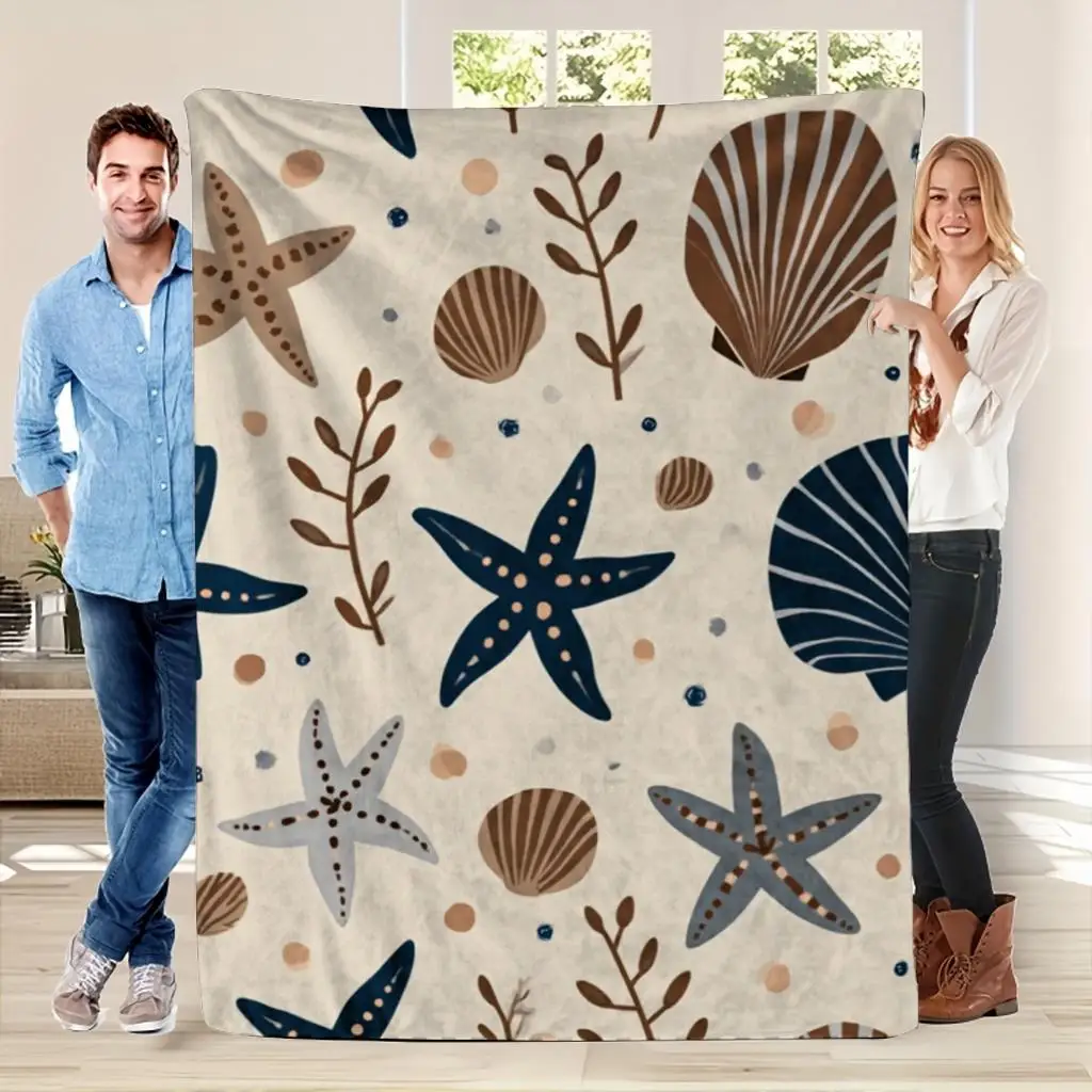 Starfish and coral patterned blanket, polyester fabric, machine washable, suitable for use in bedrooms, living rooms, and sofas.