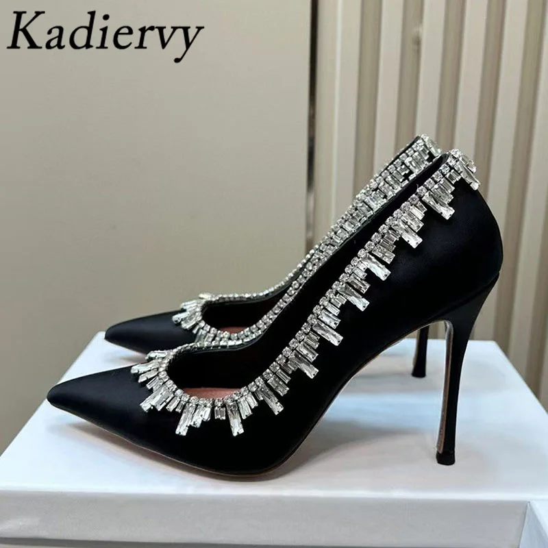 

Luxury Crystal High Heels Shoes Women Pointed Toe Slingbacks Black Satin Women Pumps Cup Heels Rhinestone Summer Sandals Woman