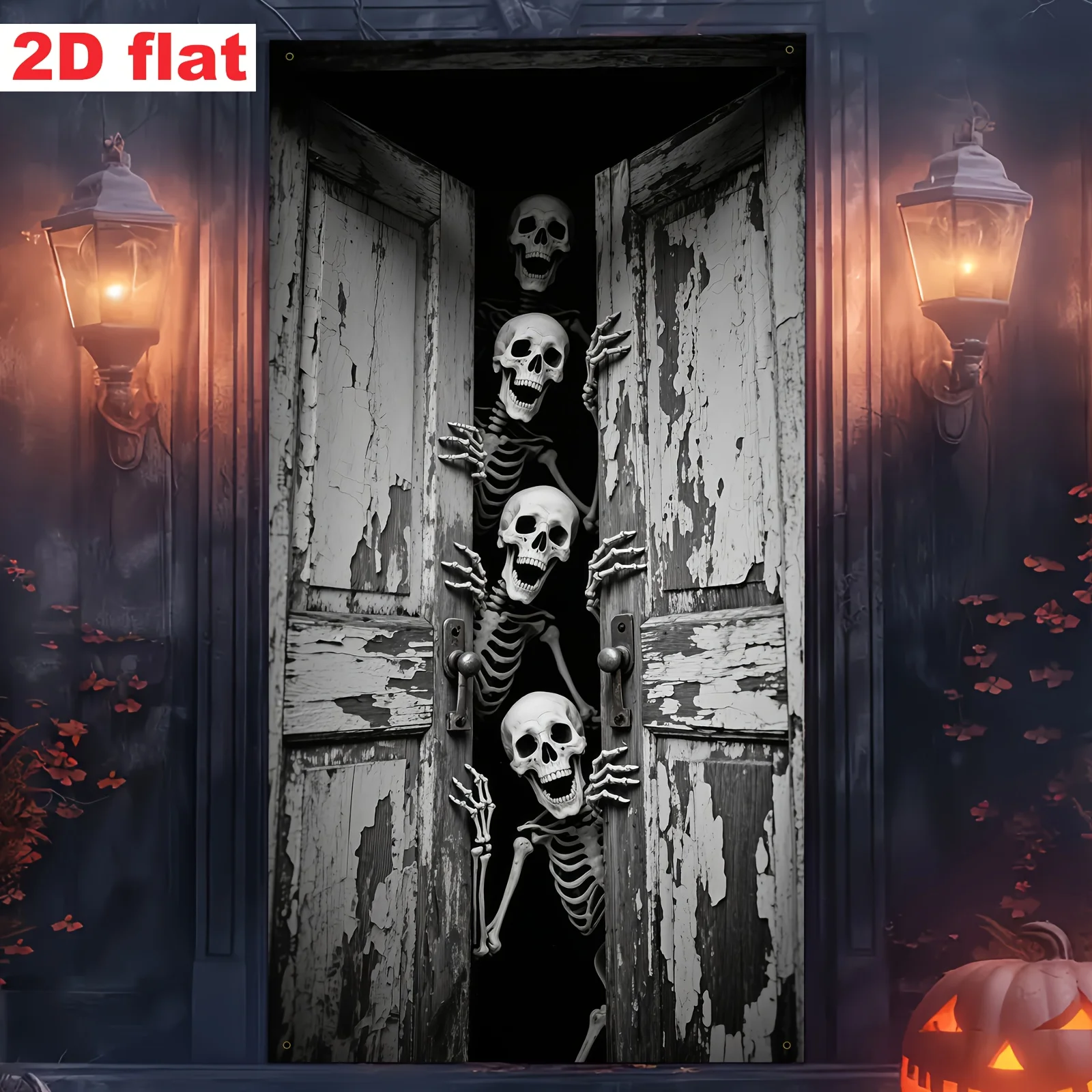 لافتة حفلة مسطحة ثنائية الأبعاد، ديكور إطار باب الهالوين - نمط رعب، تصميم مع مجموعة من الهياكل العظمية التي تفتح الباب.