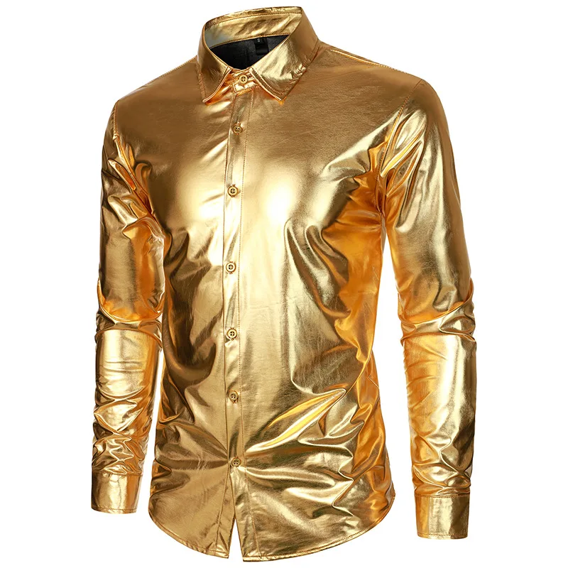 #4757 Gold Silver Hip Hop Shirt Men Shinny Night Club Long Sleeve Shirt Male Turn-down Collar Streetwear Shirt Dance Wear Spring