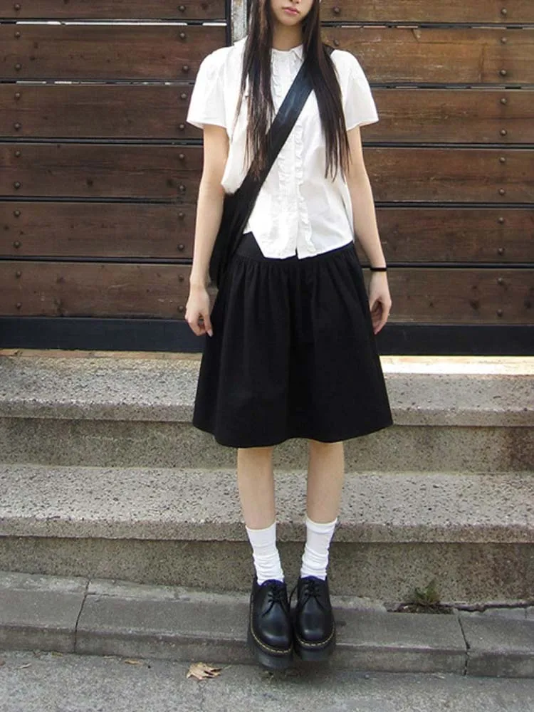 Classic Japanese Style Skirts High Waist Pure Color Double Button Slimming A Line Fluffy Skirt for Women White Shirts Tops - view 5